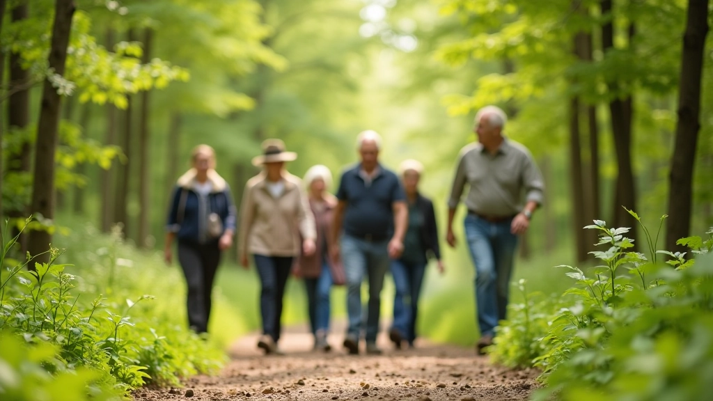 Grupa senioru draudzīgi pārgājienā pa mežu taku